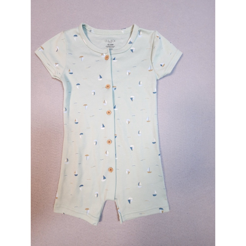 Lila & Jack Sage Green Sailboat Print Romper 18-24M Nautical Button Front